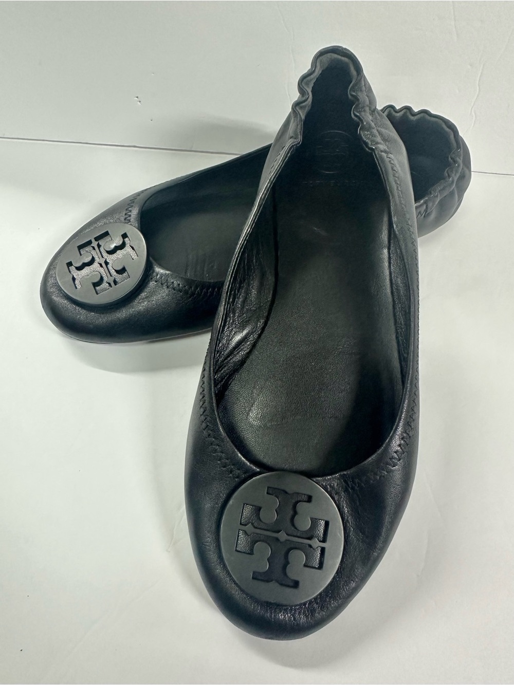 Tory Burch Reva Black Leather Logo Ballet Flats Size 7.5